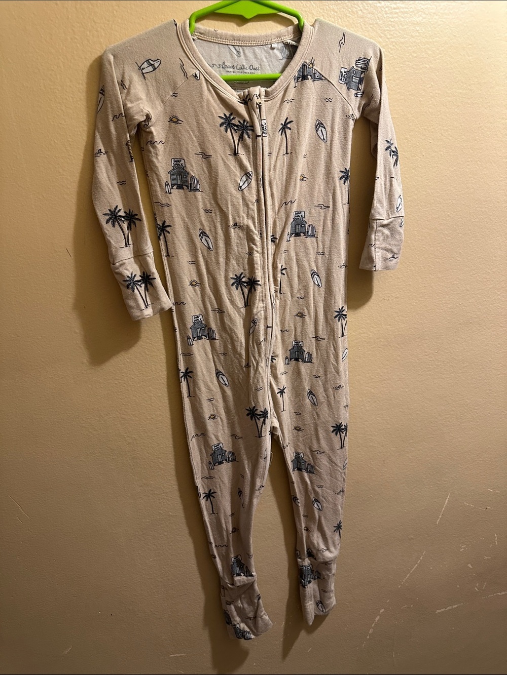 Brave little ones  Beige Palm & Surf Print Kids Footie One-Piece Pajama